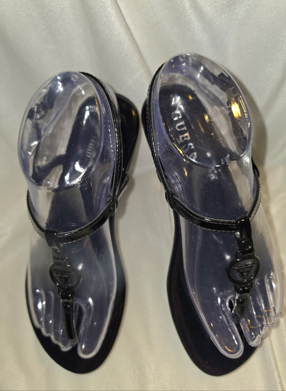 GUESS Black Patent T-Strap Logo Sandals